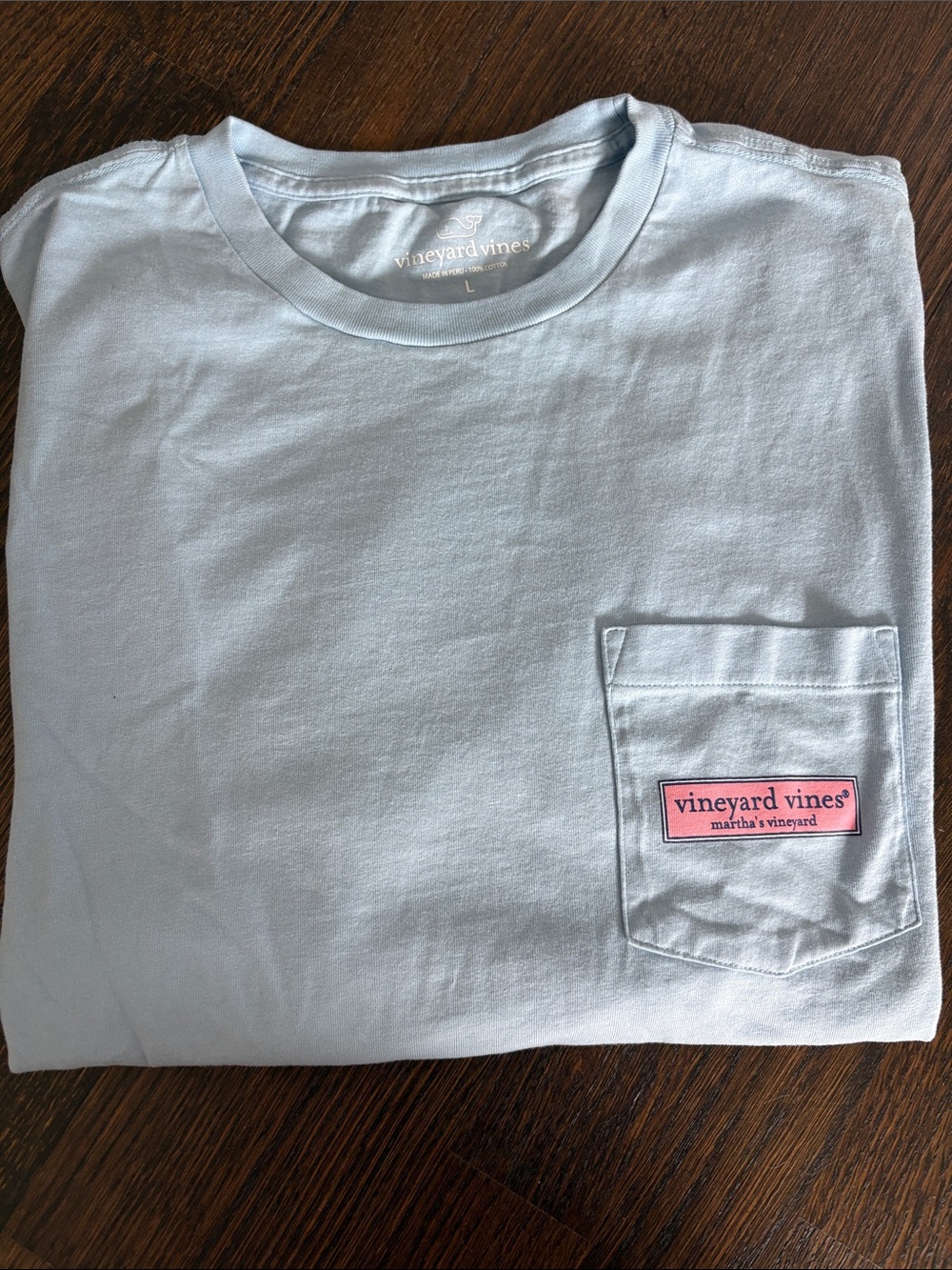 Vineyard Vines Pale Blue Pocket Tee with Pink Patch
